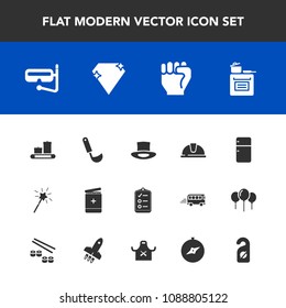 Modern, simple vector icon set with bag, privacy, concept, fridge, luggage, food, travel, check, water, hotel, safety, oven, mask, soup, diamond, magic, motel, construction, hat, work, checklist icons