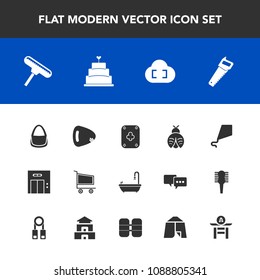 Modern, simple vector icon set with food, summer, drum, fly, musical, entrance, pie, lady, cloud, sky, bug, sign, game, office, japanese, culture, bathroom, fun, market, joy, cart, trolley, cake icons