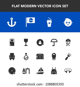 Modern, simple vector icon set with travel, account, baby, pinafore, technology, chair, user, marine, anchor, sign, asia, tennis, bed, glass, wine, medicine, furniture, builder, cup, alcohol icons