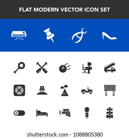 Modern, simple vector icon set with fashion, sport, landscape, science, transportation, dentist, spaceship, office, exploration, sign, truck, work, map, toy, conditioning, ball, drill, baby, air icons