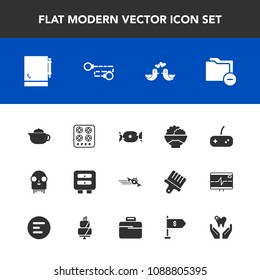 Modern, simple vector icon set with white, monster, drawer, sweet, flight, ufo, departure, kitchen, play, chain, dove, data, alien, notebook, rice, pigeon, file, bird, business, lollipop, tea icons