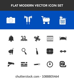 Modern, simple vector icon set with orbit, oven, water, envelope, cooking, cream, audio, toothbrush, mail, furniture, sign, bell, dessert, communication, photography, cart, electric, technology icons