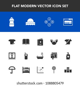 Modern, simple vector icon set with telephone, play, bed, sunrise, technology, communication, water, library, bottle, fun, book, clothing, furniture, seafood, bathroom, mobile, interior, home icons