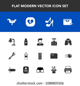 Modern, simple vector icon set with calendar, sign, tent, female, lamp, bag, fashion, home, boy, broom, outdoor, travel, high, beauty, cleaner, camp, perfume, adventure, happy, heart, equipment icons