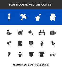 Modern, simple vector icon set with chair, file, temperature, equipment, food, sign, child, thermometer, summer, play, travel, tea, decoration, handle, video, airplane, cake, dessert, eye, space icons