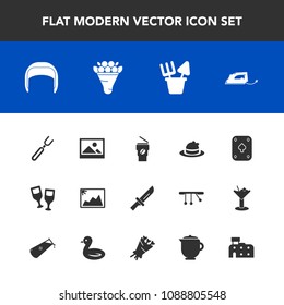 Modern, simple vector icon set with hat, coffee, red, cutlery, photo, dinner, architecture, old, iron, art, fashion, toy, image, background, clothing, headwear, helmet, style, alcohol, spoon icons