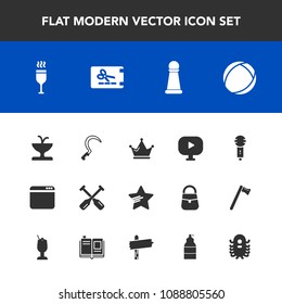 Modern, simple vector icon set with voice, queen, website, garden, boat, paddle, ufo, chess, ball, sign, wine, alcohol, art, coupon, video, microphone, drink, oar, king, red, game, music, media icons