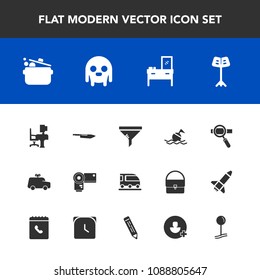 Modern, simple vector icon set with lifebuoy, photography, photographer, play, technology, food, desk, cabinet, table, train, camera, ufo, help, knife, toy, conditioner, safety, research, home icons