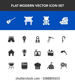 Modern, simple vector icon set with television, transport, teddy, guitar, bathroom, hot, japan, shower, shorts, air, training, business, bath, technology, hygiene, person, map, travel, estate icons