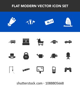 Modern, simple vector icon set with weight, sport, shipping, carriage, baby, supermarket, grater, road, cooking, pram, gardening, floral, plant, market, stroller, heavy, plane, speed, sea, food icons