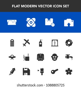Modern, simple vector icon set with man, travel, desk, cooking, grater, spaceship, cake, flight, clothes, clothing, ufo, sweet, table, food, airplane, window, universe, modern, space, aircraft icons