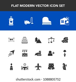 Modern, simple vector icon set with hygiene, spray, piano, baby, landscape, mobile, industry, plane, paper, fly, forest, food, bed, flight, geography, travel, newborn, atlas, nature, domestic icons