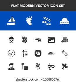 Modern, simple vector icon set with flower, picture, industry, building, saw, people, social, blossom, group, flight, sign, toy, estate, child, photo, check, house, foreman, sunrise, hammer, sun icons