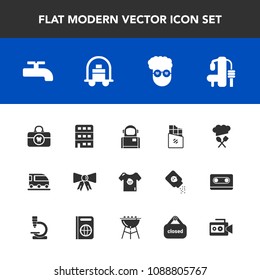 Modern, simple vector icon set with train, bar, hipster, van, hygiene, bow, city, brush, chocolate, child, science, exercise, vehicle, cosmonaut, crane, style, graphic, clean, dessert, clothing icons
