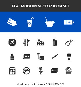 Modern, simple vector icon set with fresh, plane, airplane, travel, bed, drink, message, discount, sale, bamboo, luggage, furniture, battery, sign, tag, dentistry, asian, plant, house, energy icons