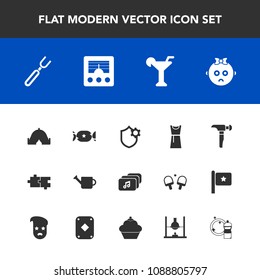 Modern, simple vector icon set with sad, candy, spoon, fork, construction, martini, food, internet, cute, restaurant, travel, signal, communication, plant, drink, fashion, alcohol, cleaner, camp icons