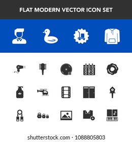 Modern, simple vector icon set with package, boy, brush, nature, dvd, disk, entertainment, warehouse, liquid, food, jacket, cargo, dessert, hair, time, male, film, cd, transport, animal, video icons
