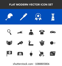 Modern, simple vector icon set with flashlight, place, sea, direction, infant, bus, achievement, move, sport, ocean, boy, glass, stationery, man, lamp, chicken, award, sign, first, office, hat icons