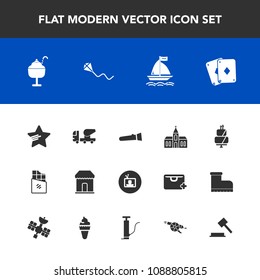 Modern, simple vector icon set with television, wind, church, board, concrete, night, lamp, cake, dessert, tv, star, justice, law, play, ice, chocolate, religion, sign, poker, construction, shop icons