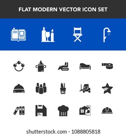 Modern, simple vector icon set with industry, baby, office, sport, couch, headwear, child, sofa, rattle, interior, education, bath, home, sticky, shower, nutrition, fashion, tape, equipment, hat icons