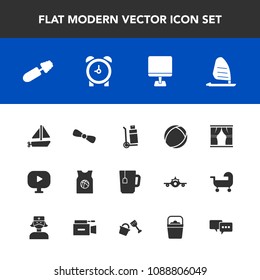 Modern, simple vector icon set with time, curtain, brush, bow, surf, delivery, ball, laptop, sport, cargo, black, travel, mascara, ship, sea, fashion, transportation, video, cup, talk, truck, pc icons