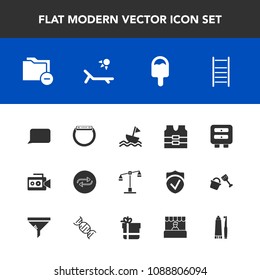 Modern, simple vector icon set with yacht, summer, talk, jacket, equipment, replacement, judge, ladder, camera, film, document, toothpaste, food, change, bubble, icecream, vest, concept, file icons