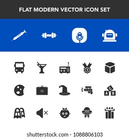 Modern, simple vector icon set with hat, spacecraft, equipment, cube, sweet, astronaut, cocktail, cake, gift, food, juice, music, needle, drink, radio, ufo, emergency, summer, dessert, present icons