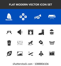 Modern, simple vector icon set with sport, surf, fun, waste, white, fashion, wine, game, volume, red, recycle, drink, ocean, play, toy, ice, alcohol, trumpet, up, trash, music, cute, home, air icons