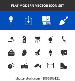 Modern, simple vector icon set with grill, barbecue, musical, shovel, cream, note, store, food, lantern, privacy, banner, fashion, bbq, shop, communication, launch, construction, sign, socks icons
