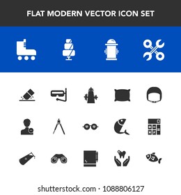 Modern, simple vector icon set with equipment, fire, water, kitchen, account, eraser, service, tool, sport, delete, work, leisure, user, mask, instrument, erase, hippie, skate, divider, profile icons
