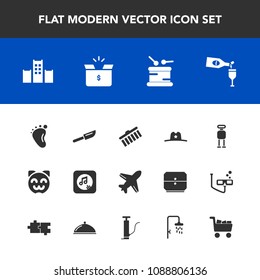 Modern, simple vector icon set with alcohol, newborn, restaurant, flight, hotel, robot, cyborg, cat, airplane, bed, travel, shape, glass, technology, music, sound, wine, vacation, animal, small icons