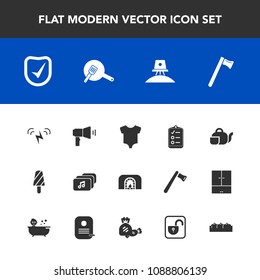 Modern, simple vector icon set with file, list, tool, child, pan, fire, music, warm, security, fruit, checklist, exploration, baby, white, clothing, clothes, kitchen, spaceship, cooking, sun icons