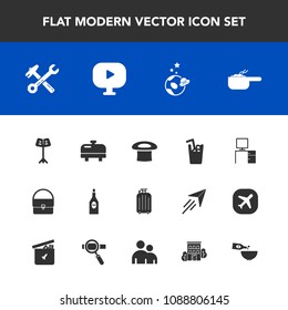 Modern, simple vector icon set with house, tool, office, work, cold, red, fashion, estate, hammer, pot, media, video, heater, musical, water, alcohol, boiler, meal, sign, dish, luggage, spanner icons