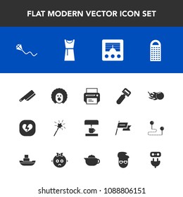 Modern, simple vector icon set with printer, space, print, broken, technology, vegetable, kite, fork, magic, antenna, sky, grater, machine, communication, kitchen, love, energy, heart, radio icons