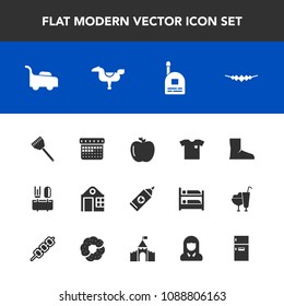 Modern, simple vector icon set with clothing, fresh, grass, horse, lawn, fashion, estate, schedule, fun, real, shirt, garden, kitchen, jewelry, boy, communication, apple, cooking, restaurant icons