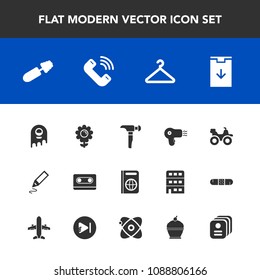 Modern, simple vector icon set with cassette, blossom, black, travel, hammer, stationery, bike, fashion, web, construction, road, sign, makeup, cloakroom, brush, flower, nature, tourism, mascara icons