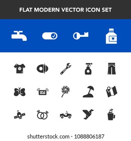 Modern, simple vector icon set with baby, wrench, notification, clothing, key, sweet, pan, cup, lollipop, white, pants, dental, hygiene, kid, tool, elegant, cooking, drink, paper, message, spray icons