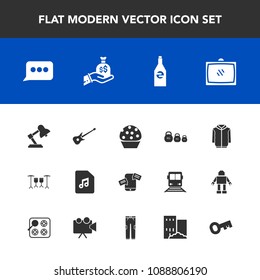 Modern, simple vector icon set with lamp, message, guitar, building, bag, phone, room, tv, sound, dessert, weight, entertainment, estate, television, sweet, clothing, white, food, drum, beverage icons