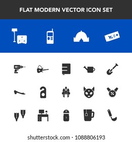 Modern, simple vector icon set with paper, privacy, machine, hotel, construction, shovel, drill, can, label, plant, camp, sofa, hand, craft, equipment, white, music, fashion, notebook, bed, tent icons