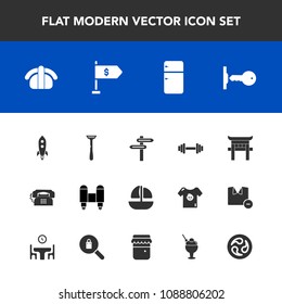 Modern, simple vector icon set with salmon, sweet, sushi, launch, sea, kamon, space, travel, household, japan, sign, ship, technology, rocket, fitness, security, mon, craft, gym, fish, dessert icons