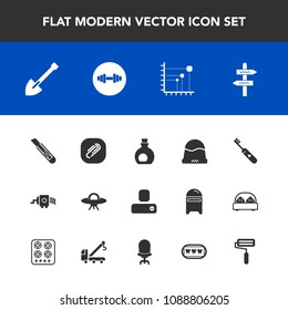 Modern, simple vector icon set with diagram, paperclip, construction, tool, business, equipment, headwear, contact, health, roll, data, ufo, oil, care, cooking, alien, shovel, hat, way, hygiene icons