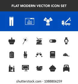 Modern, simple vector icon set with energy, wine, clothes, list, music, fashion, sweet, vehicle, off, red, dental, dessert, drum, cooler, tow, magic, time, pants, cold, check, musical, alcohol icons