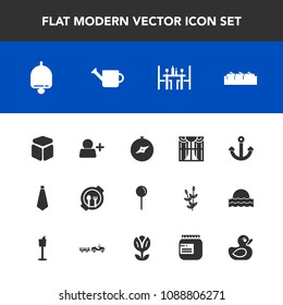 Modern, simple vector icon set with tie, ring, rubber, equipment, table, home, cube, map, glass, bell, add, anchor, interior, plant, alarm, restaurant, gardening, can, pin, account, drop, toy icons