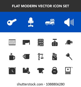Modern, simple vector icon set with audio, transport, glass, architecture, desk, water, equipment, music, hot, weight, truck, transportation, concept, office, car, stone, business, cup, table icons