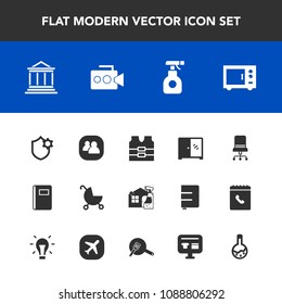 Modern, simple vector icon set with handle, group, stroller, armchair, bank, furniture, microwave, page, chair, pesticide, vest, clothing, pram, safety, team, security, paper, housework, video icons