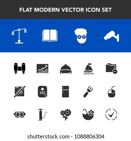 Modern, simple vector icon set with data, headwear, identity, retro, technology, justice, craft, security, fridge, safety, file, book, spaceship, dont, camera, fashion, space, graph, business icons