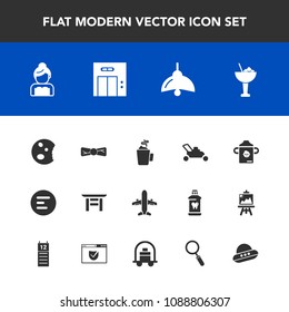 Modern, simple vector icon set with nutrition, lamp, equipment, elegance, bottle, light, modern, wedding, glass, food, gardening, groom, airplane, mobile, plastic, hot, bow, couple, shrine, bulb icons