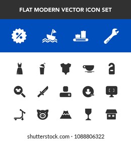 Modern, simple vector icon set with luggage, coffee, bag, cappuccino, dinner, label, nautical, house, cafe, cup, wrench, social, female, sale, clothes, sign, kid, baby, equipment, knife, motel icons