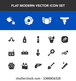 Modern, simple vector icon set with food, cup, tea, laboratory, shovel, sand, paper, media, nutrition, background, water, paperclip, care, radio, bird, science, clip, dessert, test, equipment icons