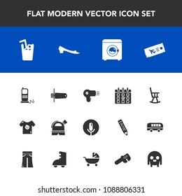 Modern, simple vector icon set with ufo, footwear, kid, office, time, child, furniture, card, schedule, flash, business, microphone, airplane, wash, plane, monster, clothing, dryer, juice, baby icons